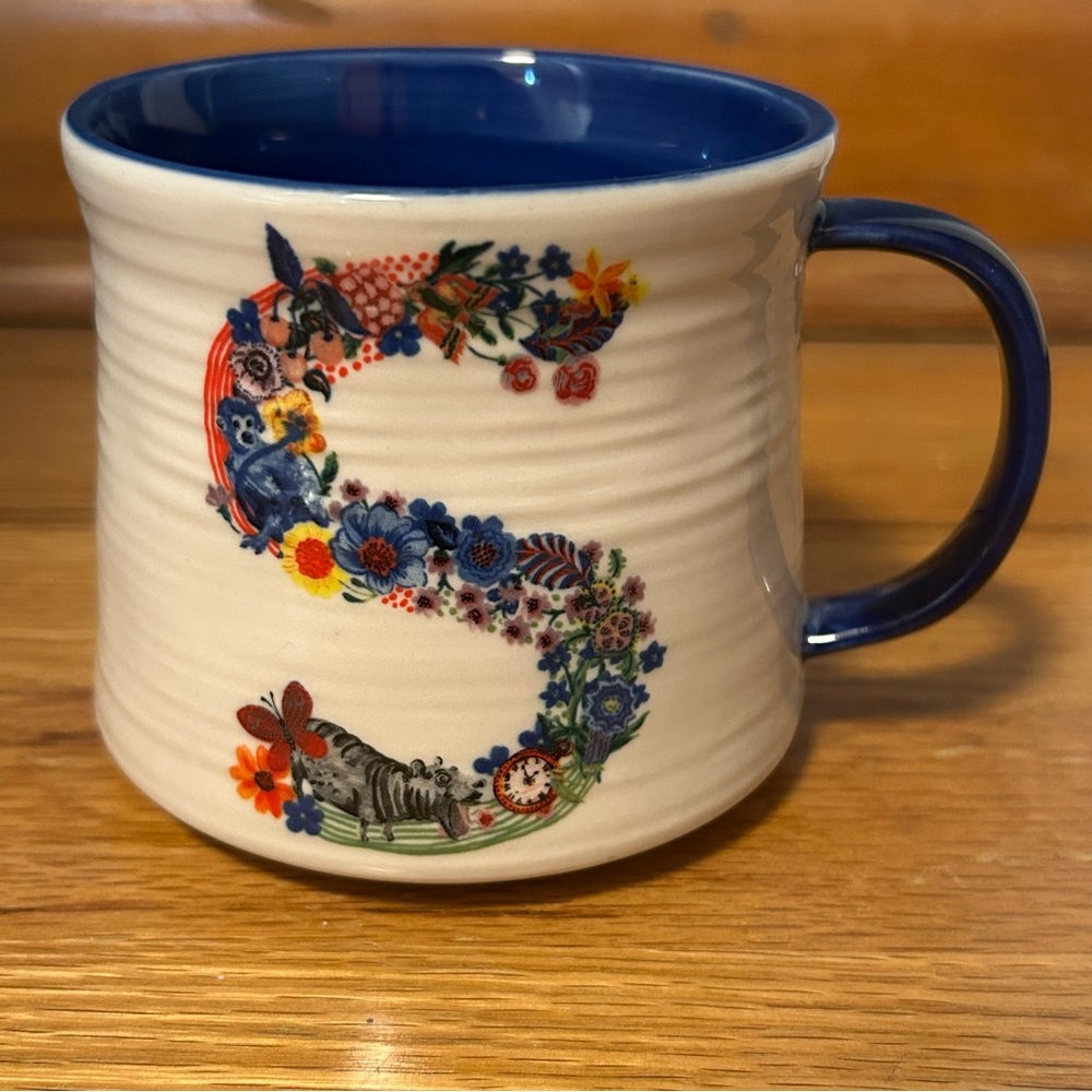 Anthropologie White and Blue Bouquet Monogram “S” Mug by Nathalie Lété